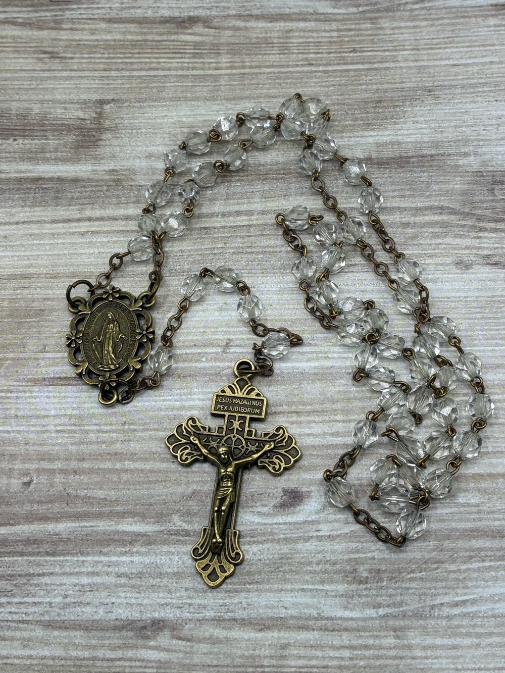 Vintage Style Brass Rosary Necklace with  Upcycled Vintage Beads